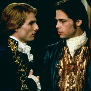 Screenshot from Interview with a Vampire, with Lestat and Louis facing off 