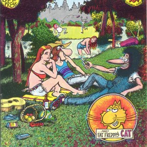 Cover of the Freak Brothers comic 'A Year Passes Like Nothing.' The boys pass a joint around with some beautiful hippie chicks, a la Le Déjeuner sur l'herbe.