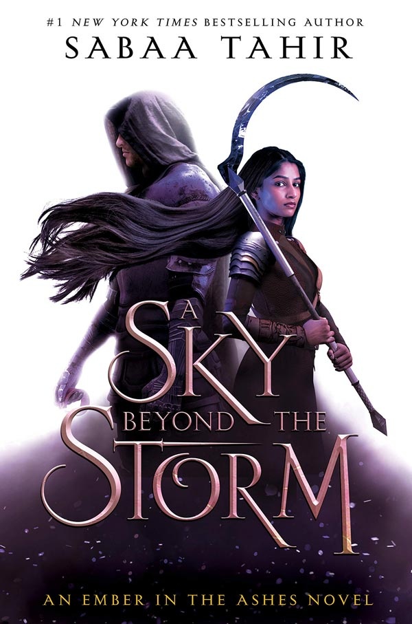 Cover of A Sky Beyond the Storm, featuring a girl with long flowing black hair and brown skin holding a scythe with a tall, hooded boy behind her