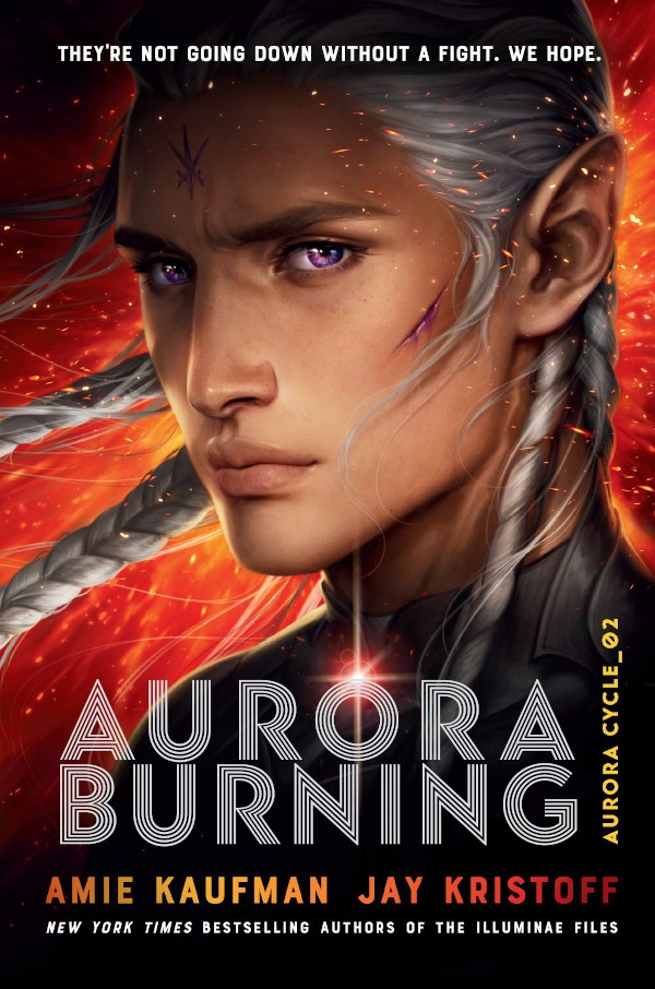 Cover of Aurora Burning, with a hot Elvish person with long silver hair and purple eyes