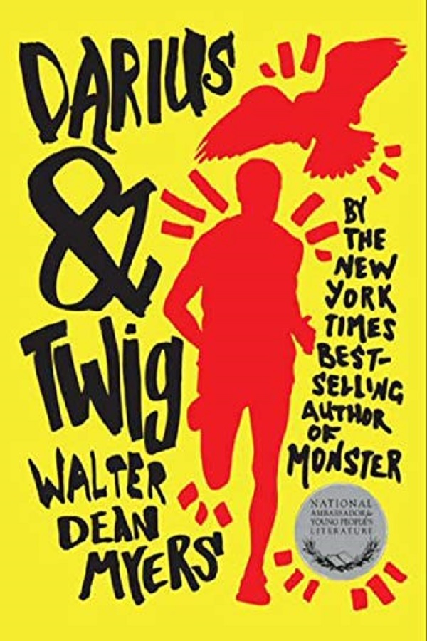 Cover of Darius and Twig by Walter Dean Myers. Yellow, with red outlines of a runner and a falcon