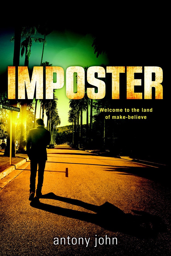 Cover of Imposter. A man walks down a stree. His shadow is of a man kissing a woman.