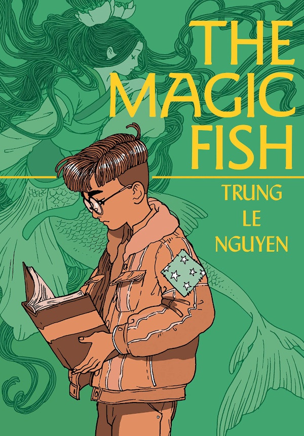 Cover of The Magic Fish, with a Vietnamese boy reading a book and a mermaid in the background