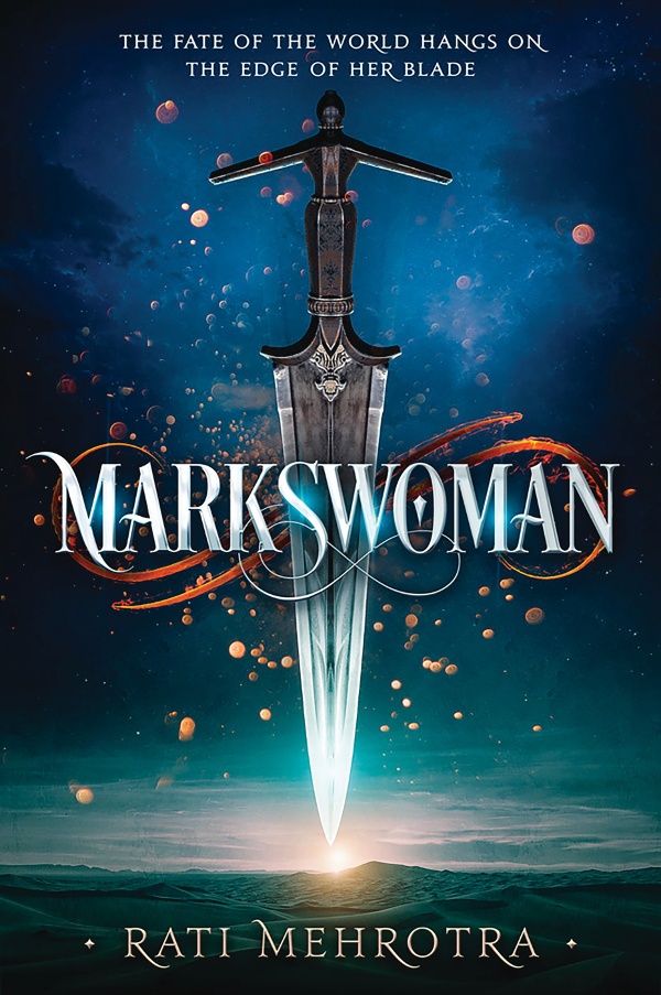 Cover of Markswoman, featuring a dagger piecing a distant mountain