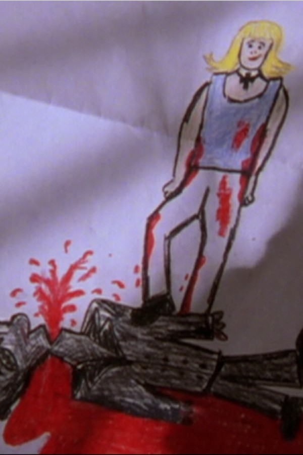 Crayon drawing of Buffy standing over a beheaded and bloody monster