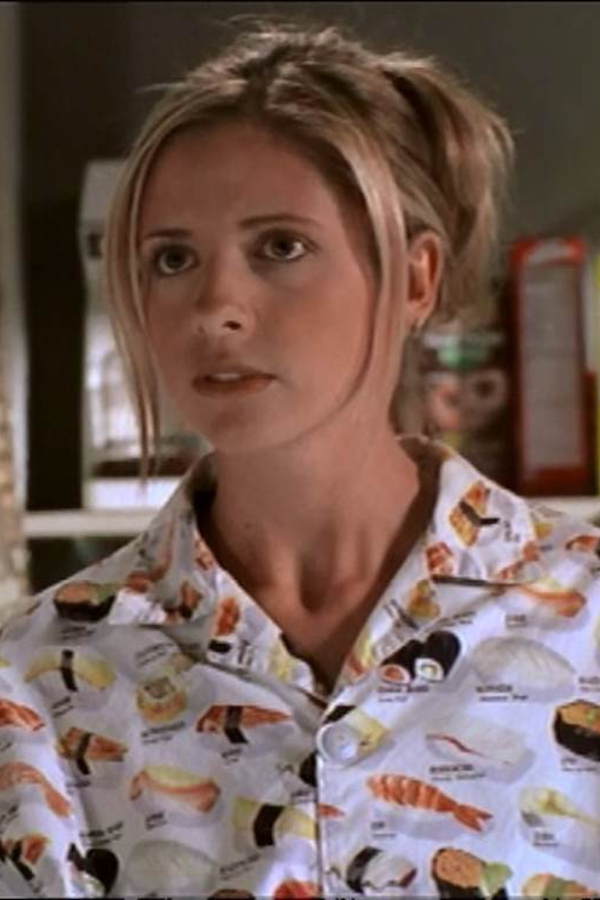 Buffy, wearing pajamas with a sushi print