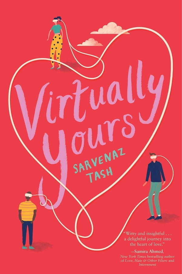 Cover of Virtually Yours, with three people wearing VR head sets and the cord connecting them in the shape of a heart
