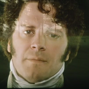 Mr. Darcy's face superimposed over a forest