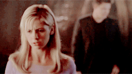Buffy, tearing up, and Angel having an emotional conversation