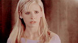 Buffy, tearing up, and Angel having an emotional conversation
