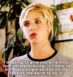 Buffy talking to Xander in the library