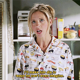 Buffy, making a bold statement while wearing long-sleeved pajamas with a sushi print