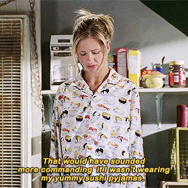 Buffy, making a bold statement while wearing long-sleeved pajamas with a sushi print
