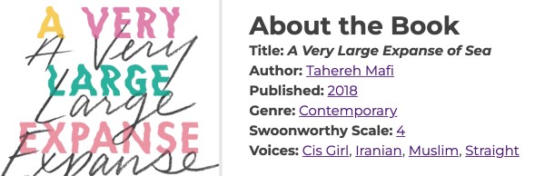 A screenshot of the About the Book section for the review of A Very Large Expanse of Sea, featuring the Voices category that lists: Cis Girl, Iranian, Muslim, Straight