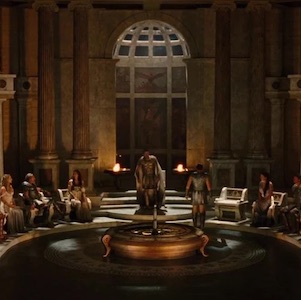 A group of Greek gods from the Percy Jackson movies sit on their thrones on Mount Olympus