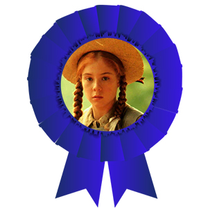 A blue ribbon with Anne Shirley's face inside