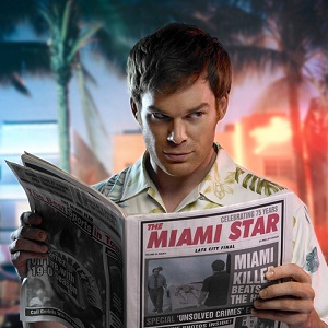 The character Dexter from the TV show, reading a newspaper with explosions and palm trees behind him.