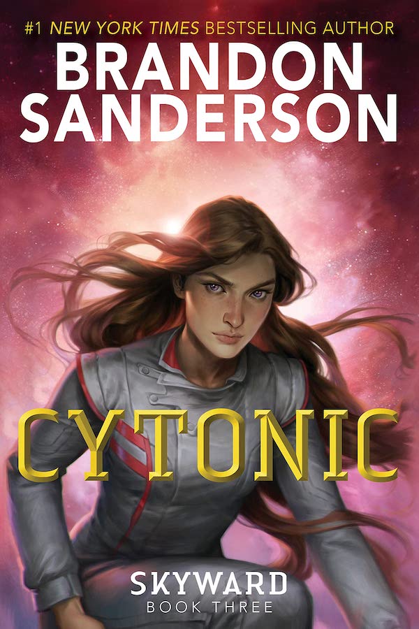 Cover of Cytonic, featuring a woman with brown hair in a grey jumpsuit crouched down in front of a pink galaxy background.