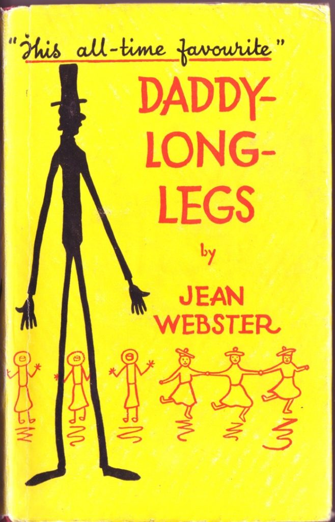 A yellow background with a stick-figure man with VERY long legs and smaller stick figure girls below him