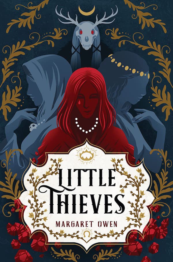 Cover of Little Thieves, featuring a group of three women, two blue and one red, a figure wearing a deer skull looms above