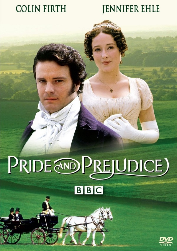 Poster of the BBC Pride and Prejudice, with Mr. Darcy and Lizzy Bennet imposed over the green English countryside