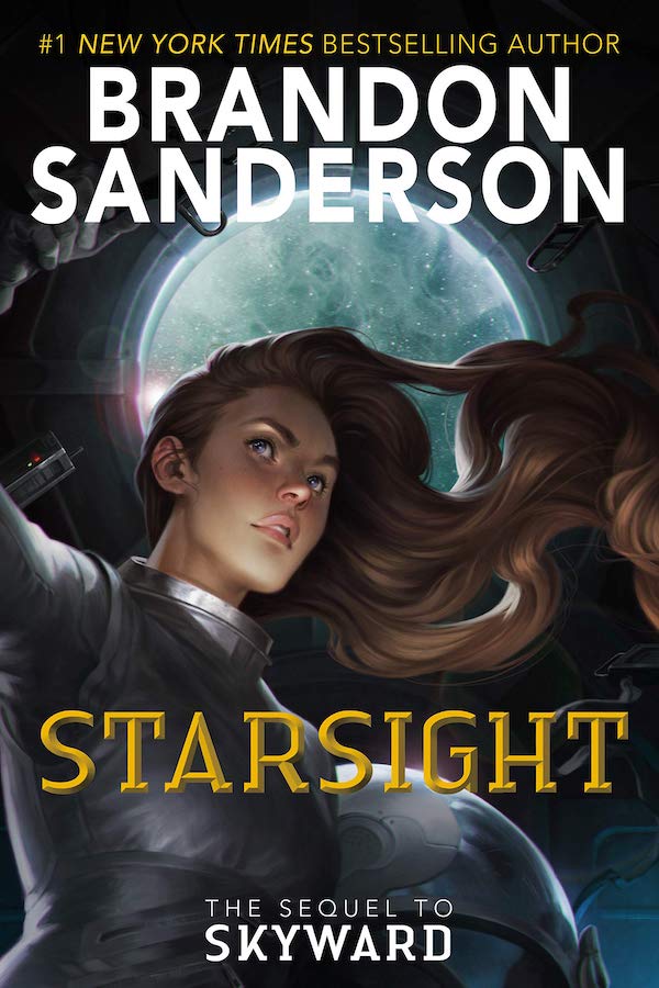 Cover of Starlight, featuring a brown-haired young woman floating in front of a window looking out into space