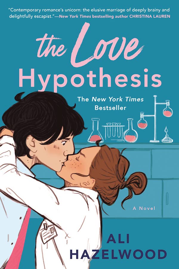 Cover of The Love Hypothesis, featuring two people kissing in front of a science lab setup