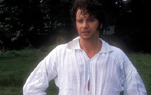 Mr. Darcy, gazing ahead and wearing a blousy white shirt