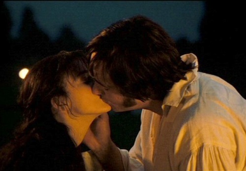 Screenshot from the 2005 Pride & Prejudice with Lizzy and Darcy, kissing