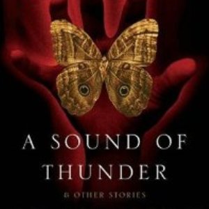 Cover of 'A Sounds of Thunder' by Ray Bradbury. A butterfly on a maroon background