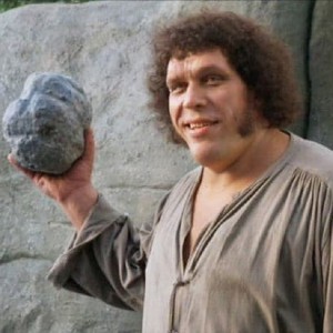 Screenshot from The Princess Bride, with Andre the Giant, a very large man with poofy brown hair and a pleasant expression