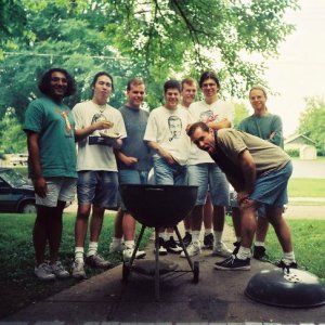 Brian and seven of his male college friends at a BBQ, 1997