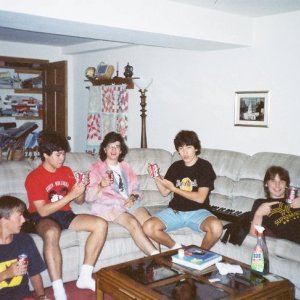Five of Brian's high school buddies sitting on a couch