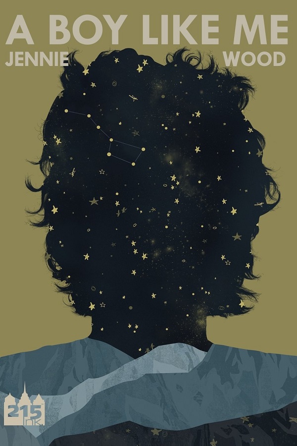 Cover of A Boy Like Me by Jennie wood. The back of a short haired person's head, filled with stars and constellations