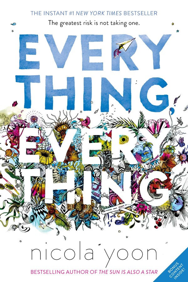 Cover of Everything Everything, which features tiny illustrations of objects like plants, an airplane and a pair of headphones
