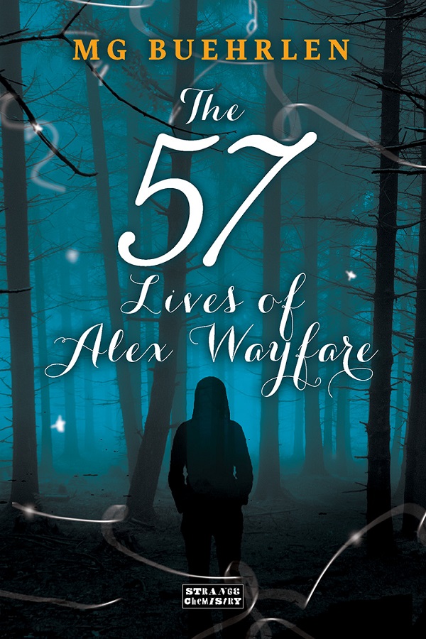 Cover of the 57 Lives of Alex Wayfare. A translucent girl stands in the woods at night