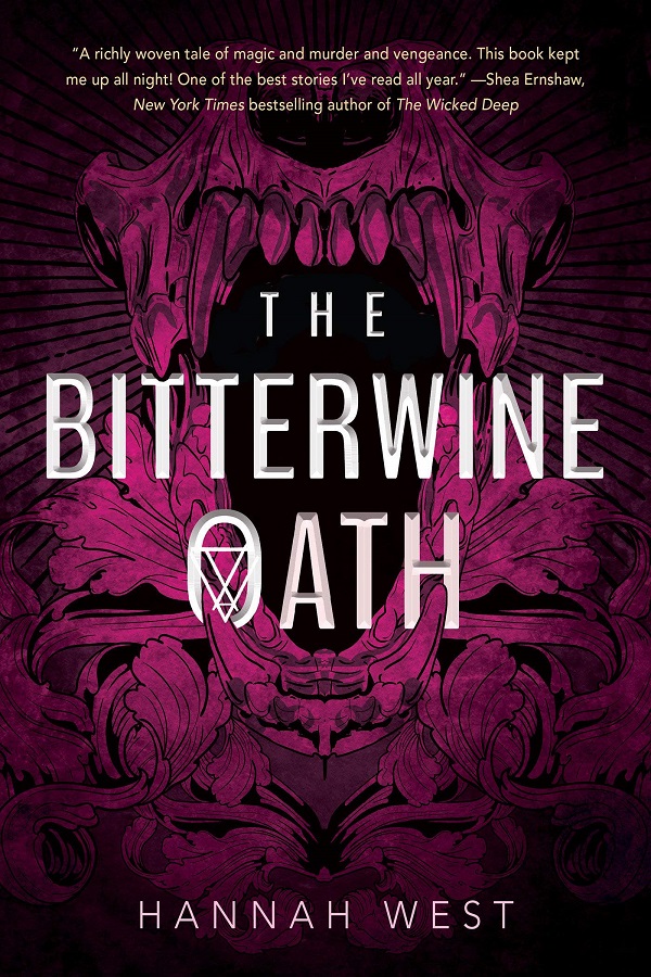 Cover of the Bitterwine Oat by Hannah West. A sharped tooth animal skull rises behind the title on a magenta background