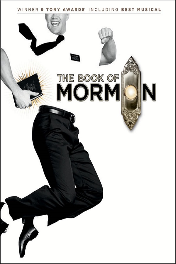 Poster of the musical The Book of Mormon. A young man in a shirt and tie holding a book of Mormon. The O in Mormon is a doorbell