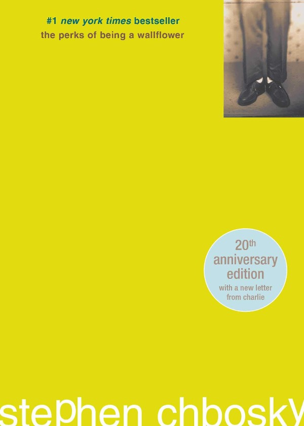 Chartreuse cover of The Perks of Being a Wallflower, with a small photo in the upper right of a pair of legs in pants and shoes