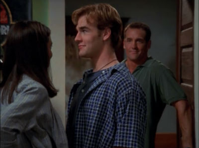 Mitch stands in the doorway, grinning, while Joey and Dawson look awkward in Dawson's bedroom