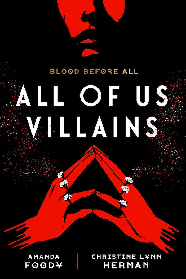 Cover of All of Us Villains, featuring a shadowy figure in red wearing rings and their fingers steepled in front of them