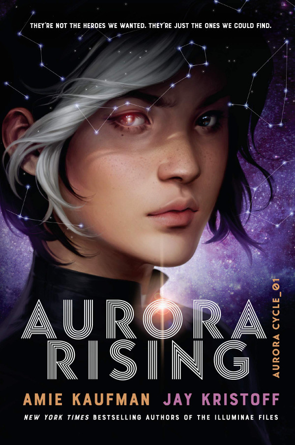 Cover of Aurora Rising, featuring a woman with short black hair and a white stripe over her right eye, which is glowing.