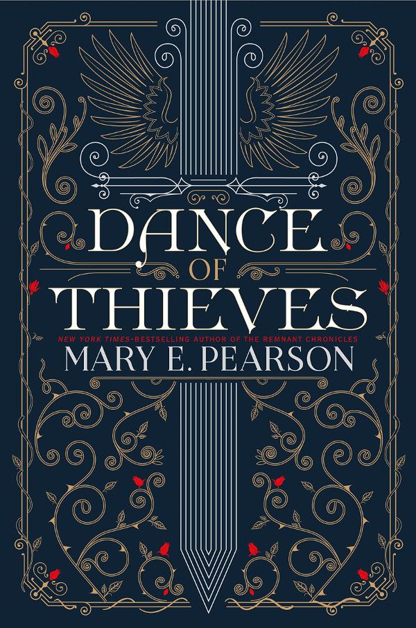 Cover of Dance of Thieves, featuring the title surrounded by gold filagree on a dark blue background.