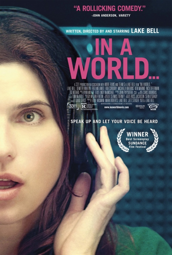 Half of Lake Bell's face looking surprised while she wears headphones
