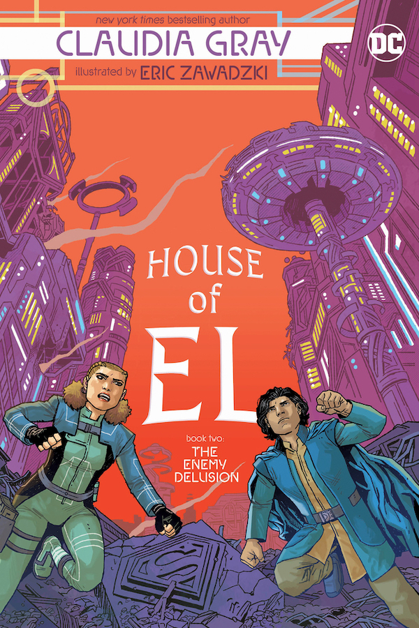 Cover of The Enemy Delusion, featuring two white characters running from looming buildings, rubble, and smoke in the air