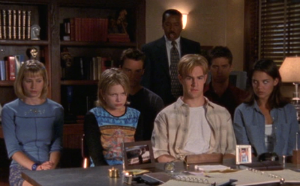 Andie, Jen, Jack, Dawson, Pacey and Joey all sit in the principal's office, looking nervous and sullen