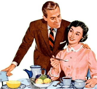 Smiling what 1950s style couple at the breakfast table
