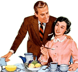 Smiling what 1950s style couple at the breakfast table