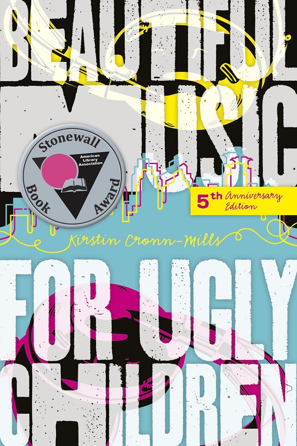 Cover of Beautiful Music for Ugly Children by Kirstin Cronn-Mills. Stylized headphones and cityscape