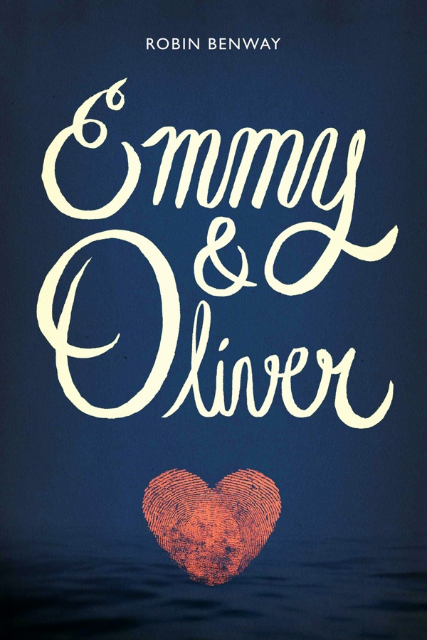 Navy blue cover of Emmy & Oliver, with the title written in a charming script and a red thumbprint heart underneath